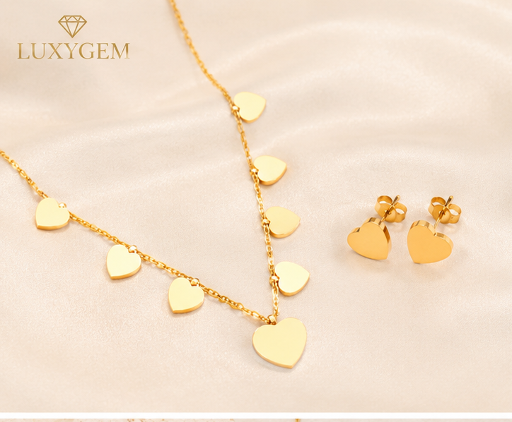 Luxygem Golden Heart Charm Necklace & Earrings Set