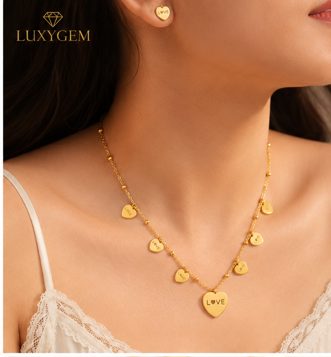 Luxygem Love Heart Charm Necklace & Earrings Set