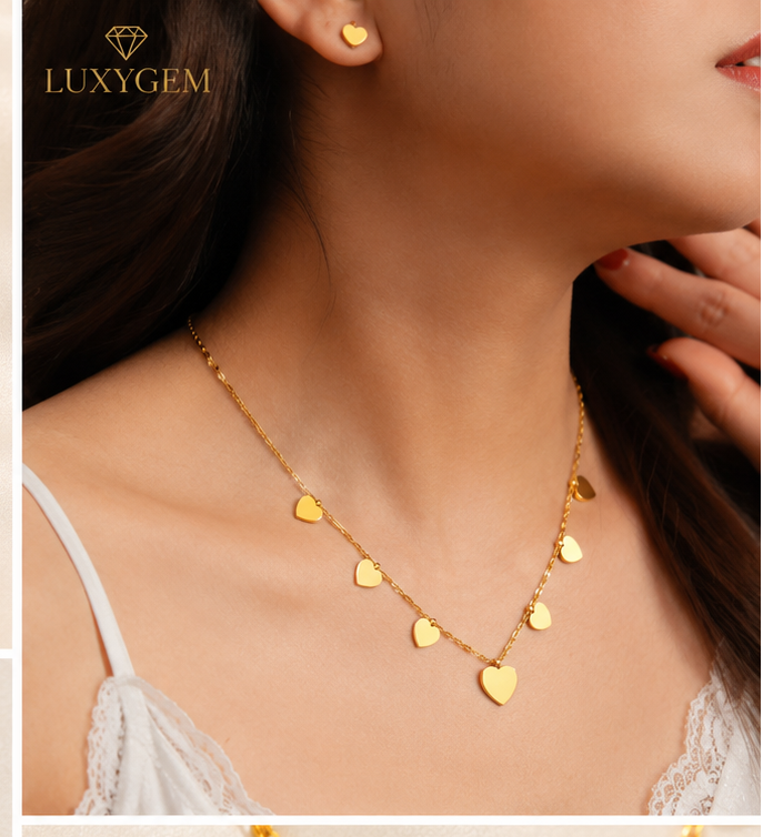 Luxygem Golden Heart Charm Necklace & Earrings Set