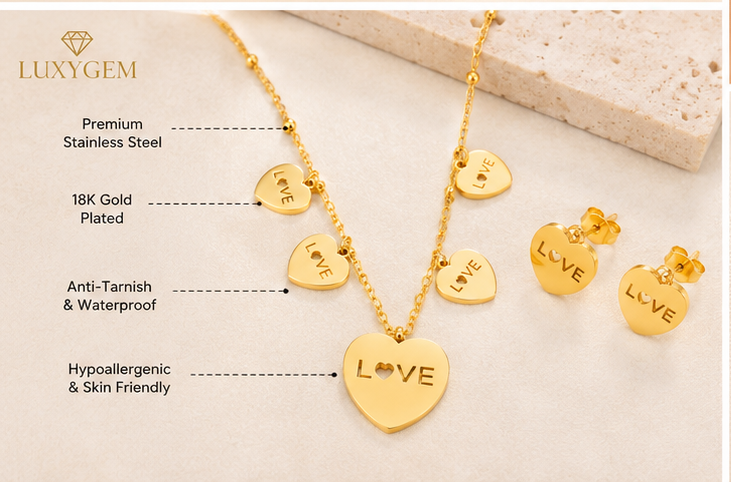 Luxygem Love Heart Charm Necklace & Earrings Set
