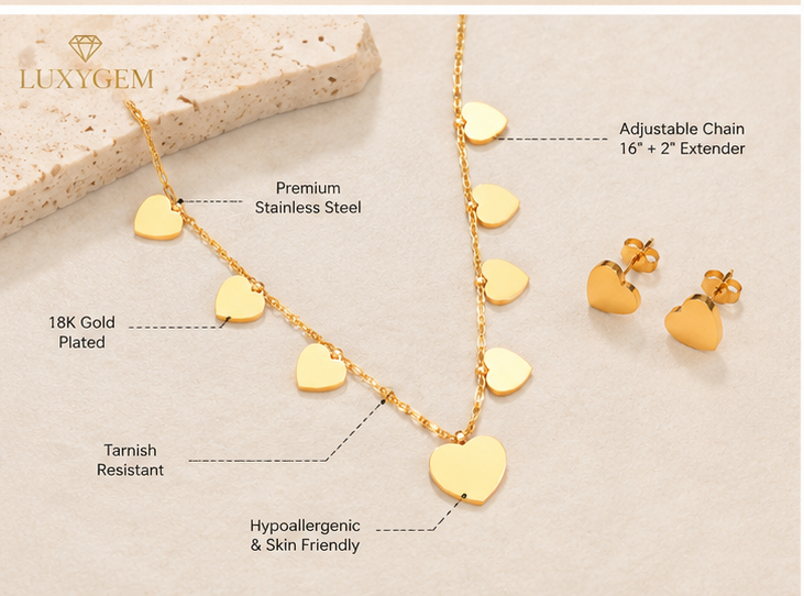 Luxygem Golden Heart Charm Necklace & Earrings Set
