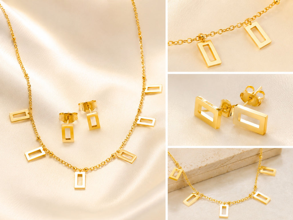 Geometric Gold-Plated Necklace & Earrings Set